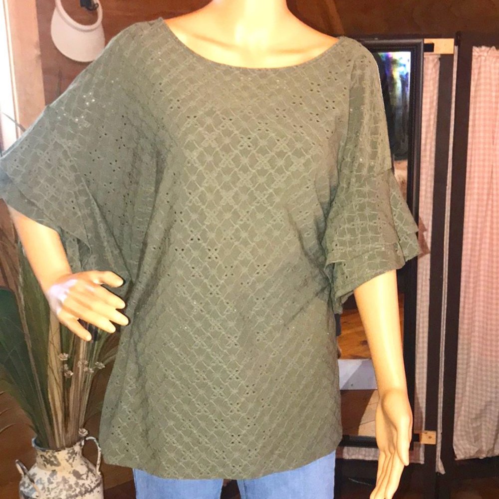 RUBY RD.WOMAN Olive Green Lined "Moleskin" Tiered SS Eyelet Top Sz.2X~EUC!